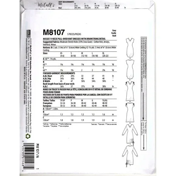 McCall's M8107 Misses XS to XL V-Neck Knit Drawstring Dress Uncut Sewing Pattern - Picture 2 of 2